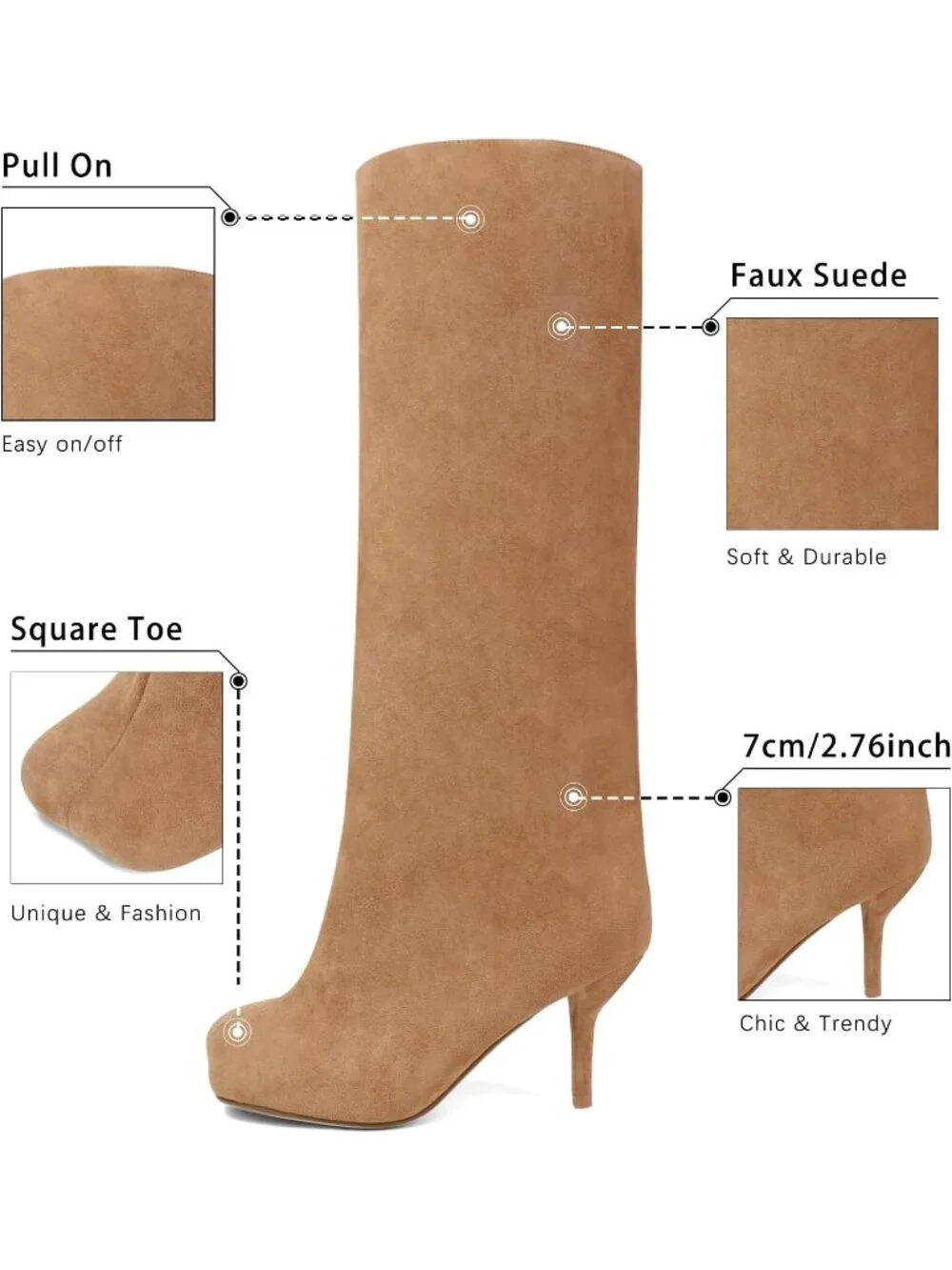 Women's Nude Faux Suede comfort Square Toe Kitten Heel Pull On Knee High Boots